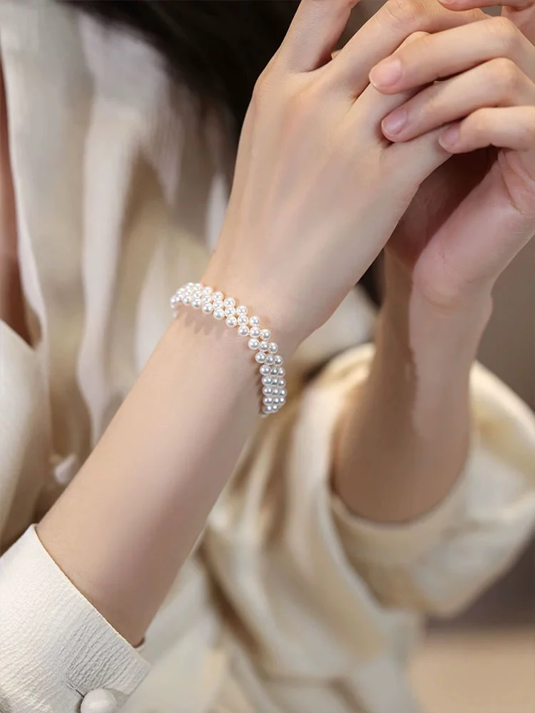 18k Solid Gold Clasp 3-4mm Natural Light Akoya Seawater Round Real Pearl Bracelet Sterling Silver Magnetic At Wedding