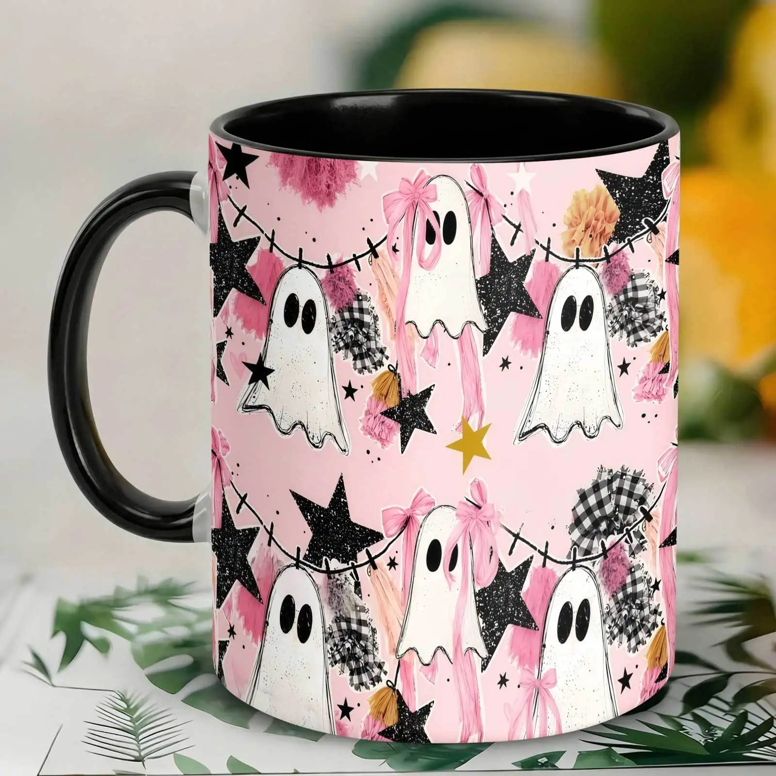 1pc 1pcs -Themed Ceramic Mug with Pink Bow & Star Design - 11oz Spooky Tumbler Suitable for Home, Office, Halloween Gift, Cup for,, Men & Women, for Hot/ Beverages