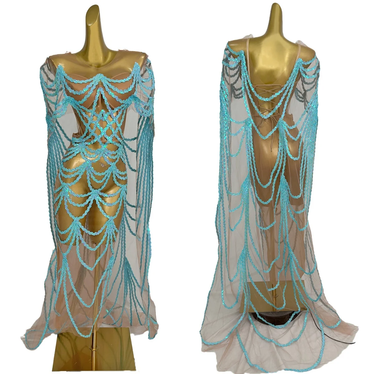 

Sparkly Sequins See Through Mesh Cloak Long Dress Birthday Night Club Party Outfit Festival Celebrate Photo Shoot Wear Yugou