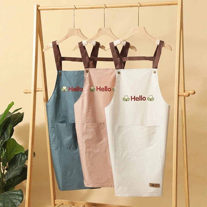 Hello Letter Printed Waterproof Apron Kitchen Cooking Home Large Pocket Storage Baking Shoulder Aprons Hotel Specific Practical