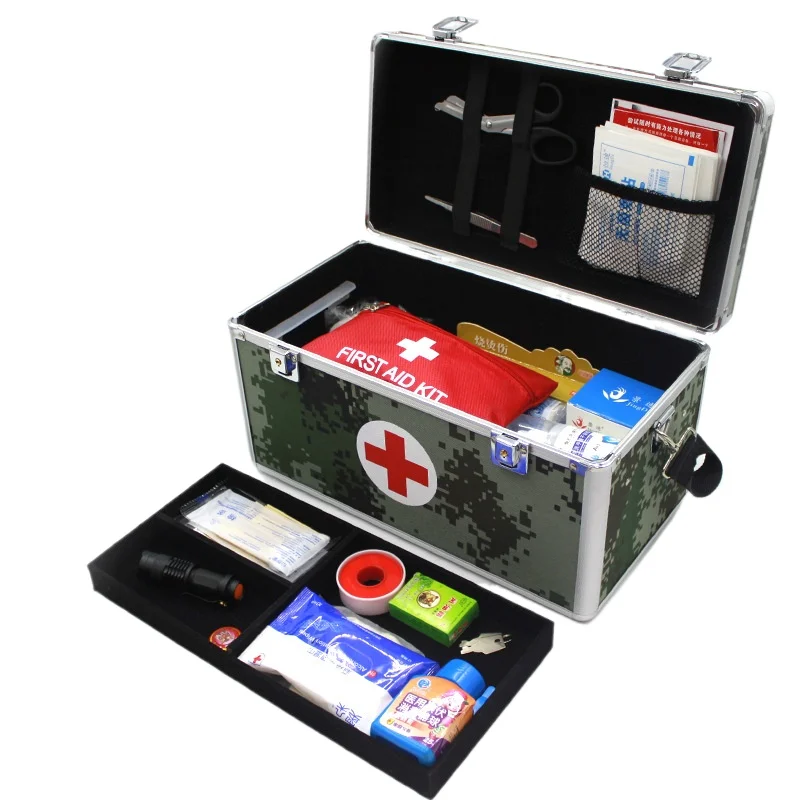Camouflage Aluminum Alloy Family First Aid Kit Box 2 Tier Organizer Medical Storage with Compartments Emergency Medicine Case