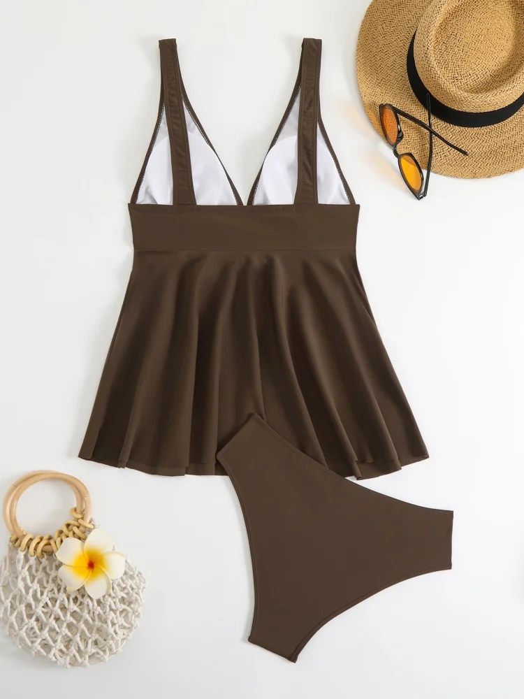Dwuczęściowy kostium kąpielowy dla kobiet 2024 New Solid V Neck Sling Sexy Tankini Swimwear Summer Long Dress High Waist Strój kąpielowy dla kobiet