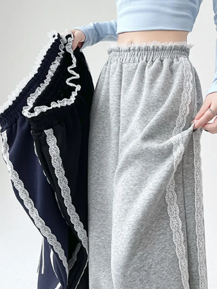 

Sweet Style Lace Patchwork Wide Leg Pants Women's Spring Autumn Casual Sports Loose Fit High Waist Cotton Polyester Blend