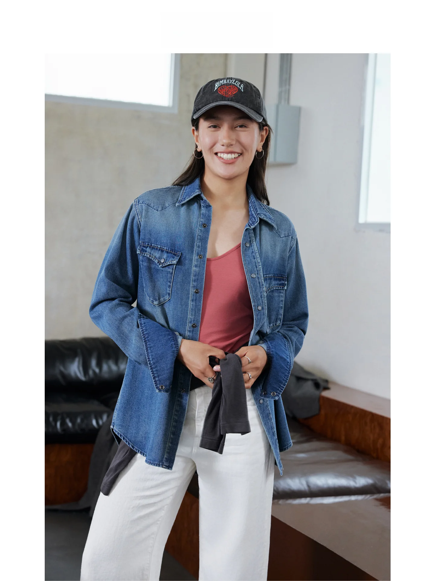 

Mincollection Red Plaid Denim irt Vintage Waed Collar Patch ket Loose Fit Long Sve Women's Casual Button up Top