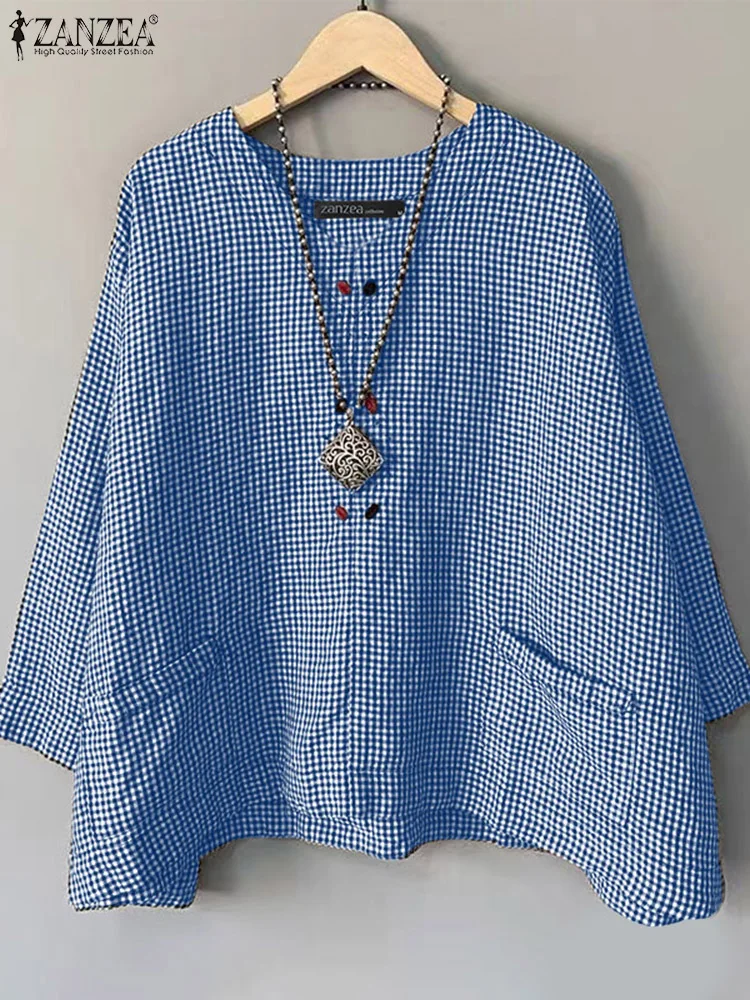 Casual Loose Women Blouse ZANZEA Summer Round Neck Shirt Checked Printed Pocket 3/4 Sleeve Tops Harajuku Simple Blusas