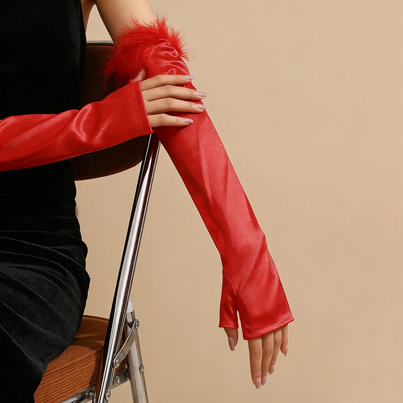 44cm Women Satin Solid Long Fingerless Gloves with Feather Trim Elegant Evening Party Opera Stage Performance Stretch Soft