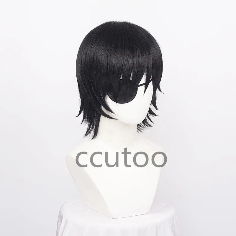 Himeno Wig Black Short Fluffy Layered Synthetic Hair Heat Resistant Costume Party Play With Eyes Patch + Wig Cap