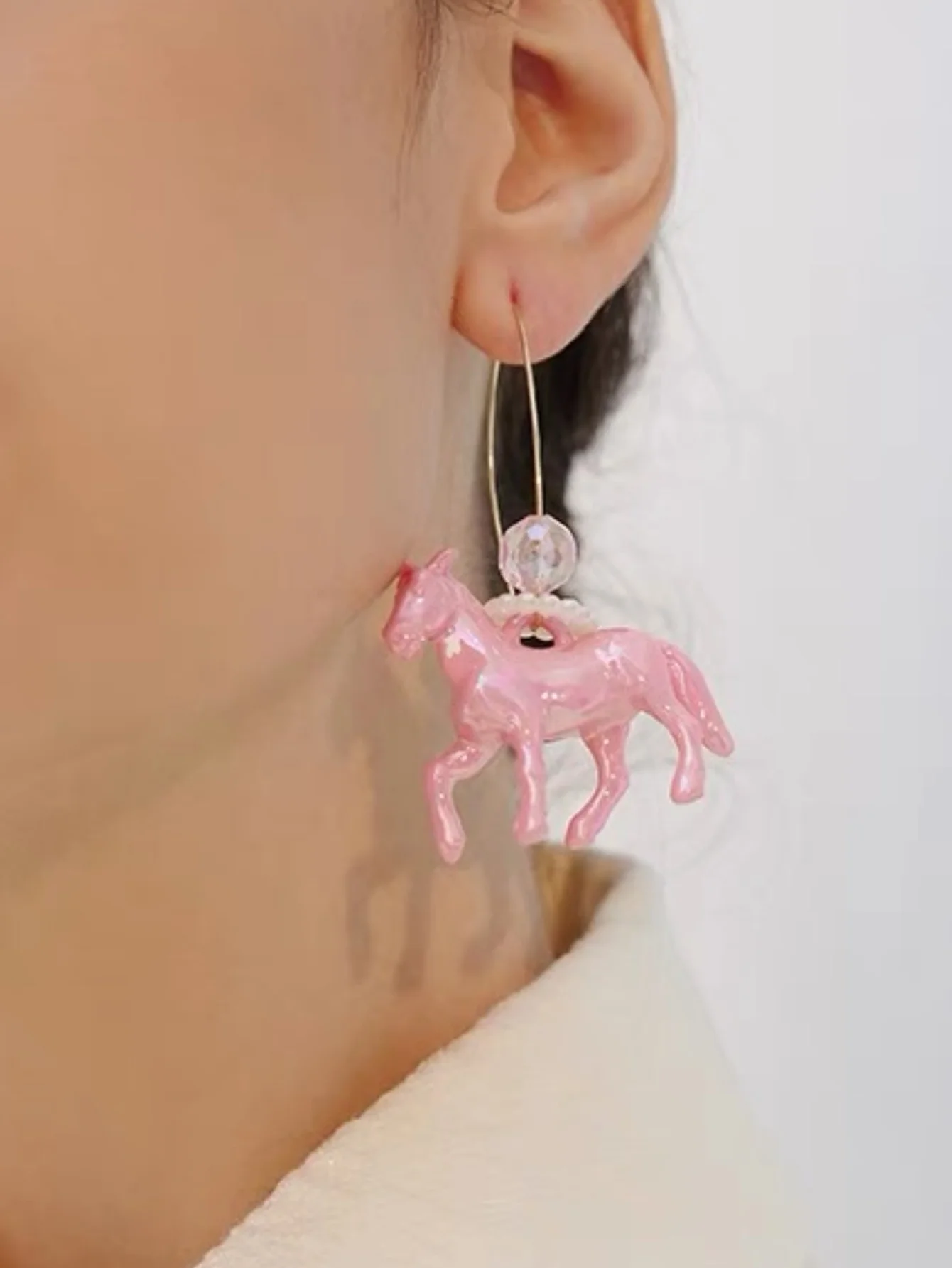 A Pair of Sweet and Lovely Dreamlike Colored Pearl Rose Playful Pink Pony V-hook Earrings