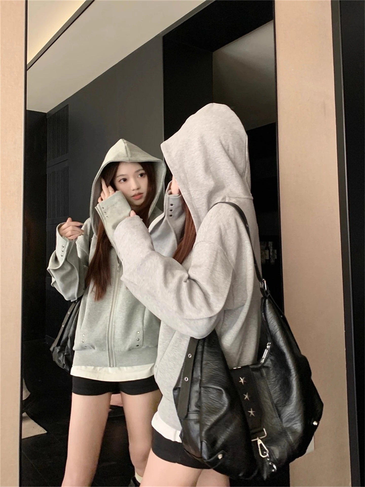 الرجعية الأمريكية حار فتاة تصميم تحسس برشام هوديي Jaet المرأة ربيع الخريف فضفاضة كسول عادية مفتوحة سترة أعلى #5