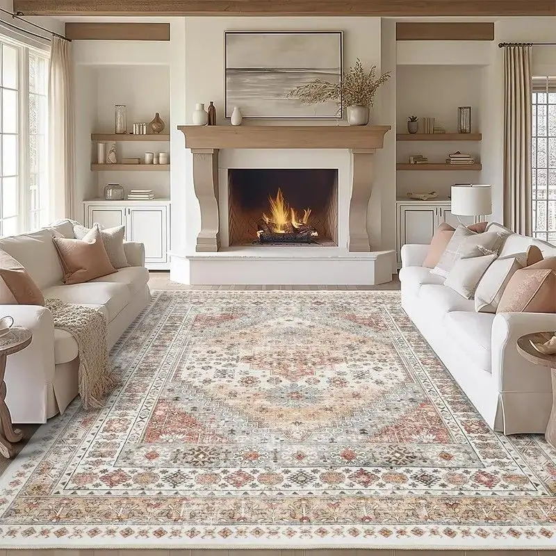 VIKAMA Persian Floral Area Rug, Non-Slip Distressed Rug for Sofas and Coffee Tables—Living Room Decorative Rug, Home Decor