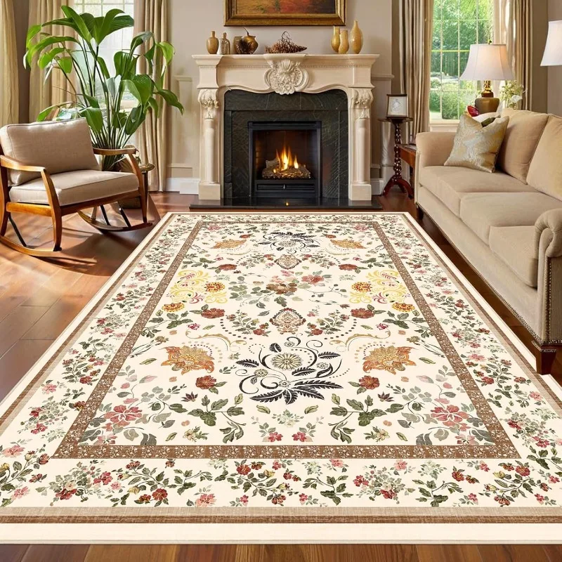 Beige Floral Living Room Carpet Bohemian Style Sofa Coffee Table Floor Mat Foldable Machine Washable Bedroom Bedside Soft Rug