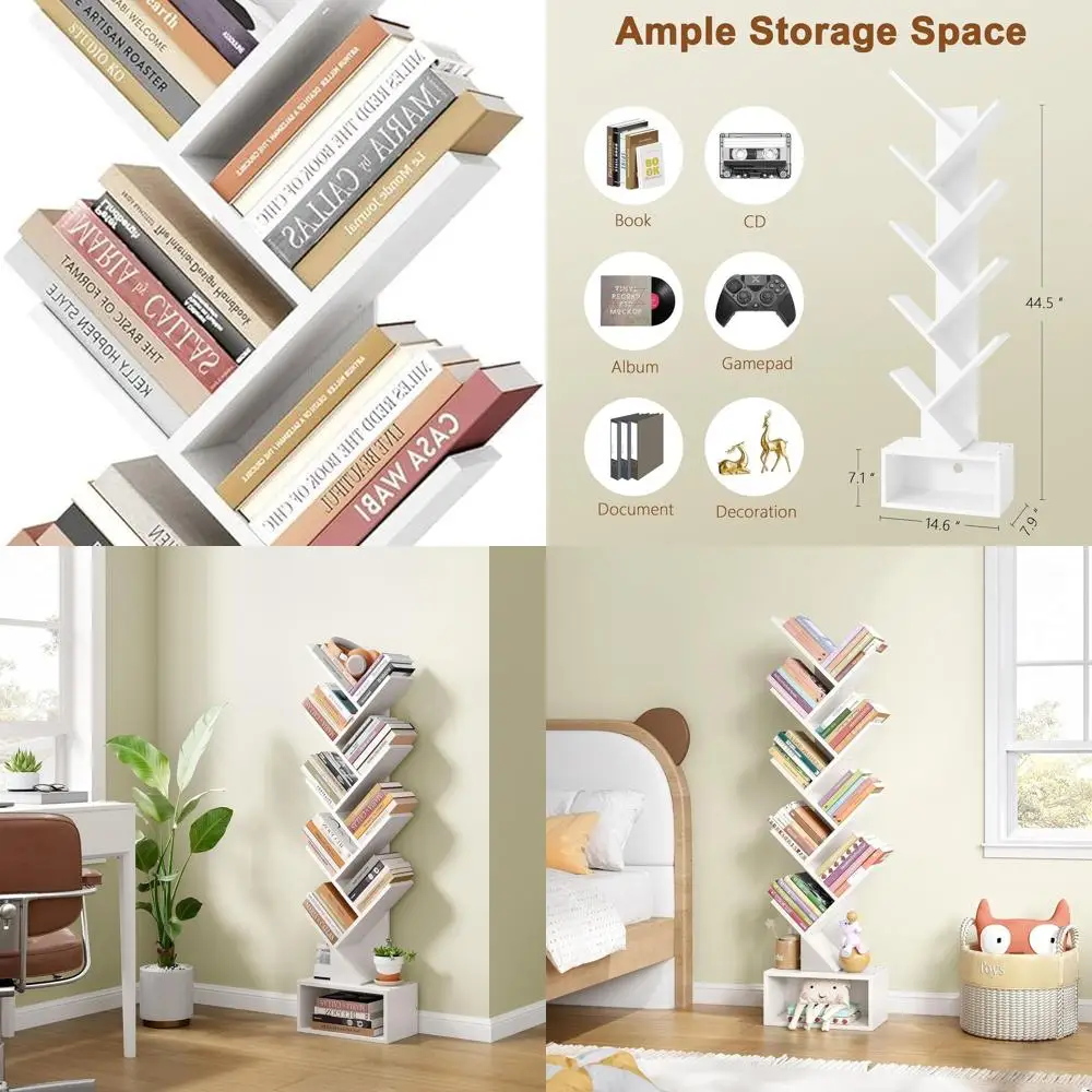 

9 Tier Tree Bookshelf, Tall Bookcase with Drawer, Wood Book Shelf, Modern Floor Standing Bookshelves, Book Organizer Shelves for