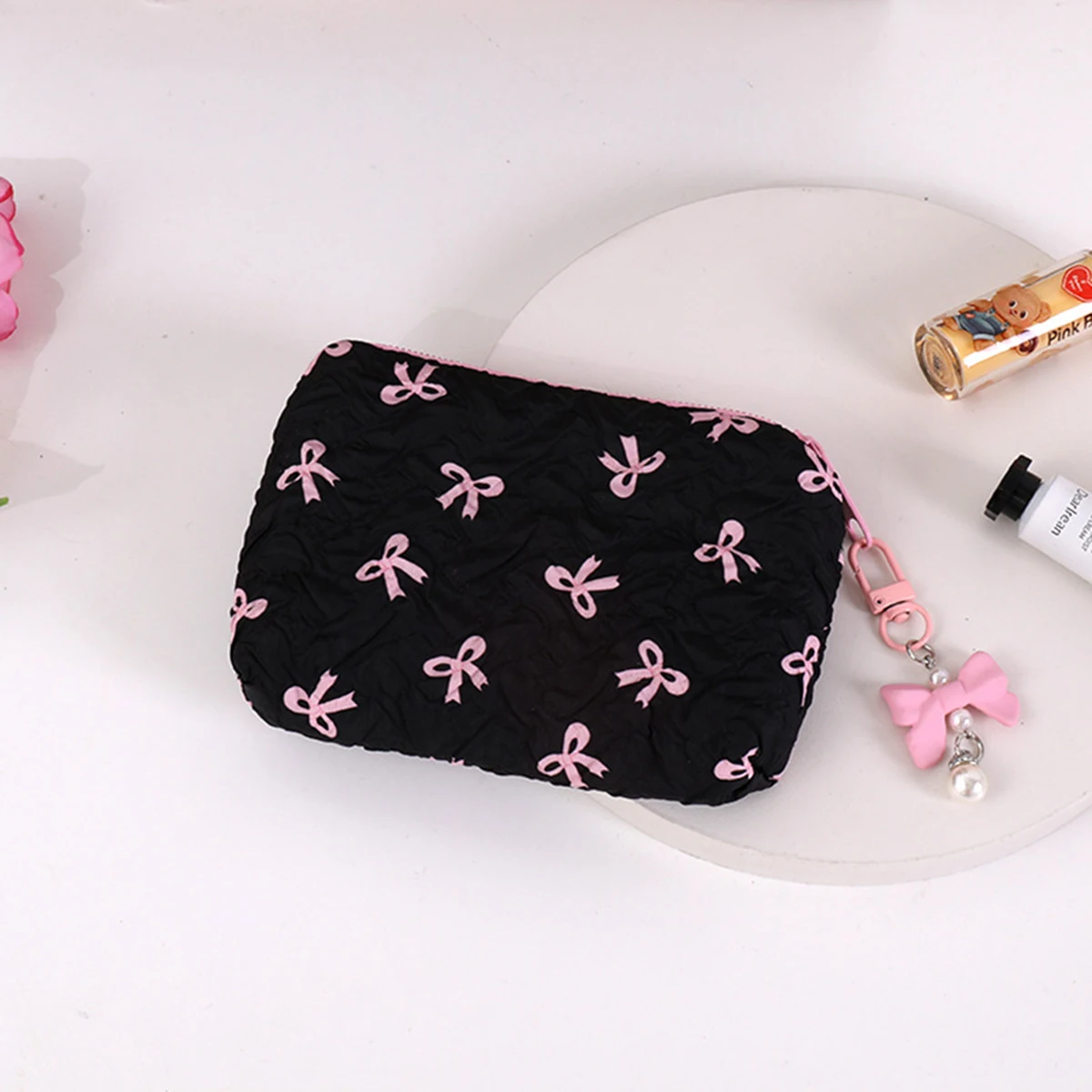 Pleated Bow Cosmetic Bag | Cotton Makeup Bag for Women Quilted Travel Girls' Make Up Organizer Portable Little Bow Makeup Pouch
