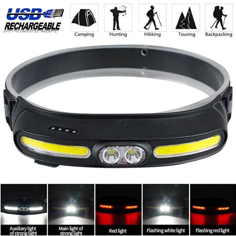 

USB Rechargeable Headlight LED COB Headlamp Torch Head Flashlight Work Light Fishing Camping Wide Range Lighting 5 Modes