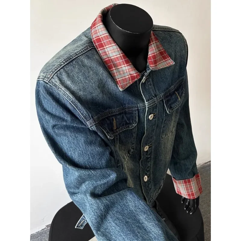 American Retro Plaid Lapel Jeans Jacket Men's Autumn Design Sense Shoulder Padded Splicing Jacket Tide