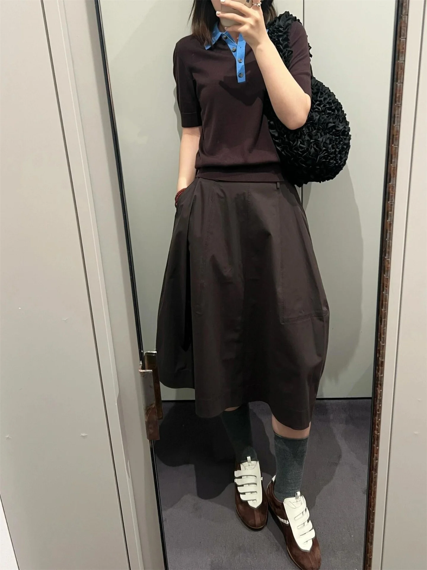 BANA Brown Balloon Flower Bud Midi Skirt Women's Summer 2026 New Simple Style City Commuting Casual High Waist A-Line Skirt