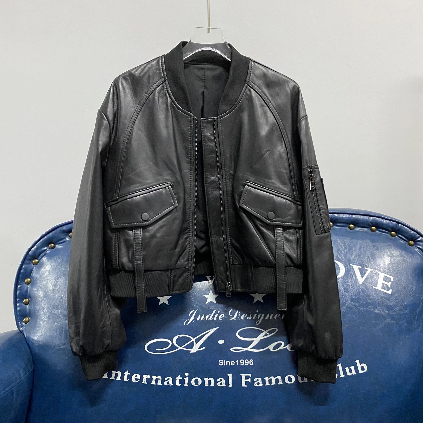 2024 Winter New Sle Women's Genuine Leather Jaet Motorcycle Baseball orm ort Casual Outerwear fiti Design