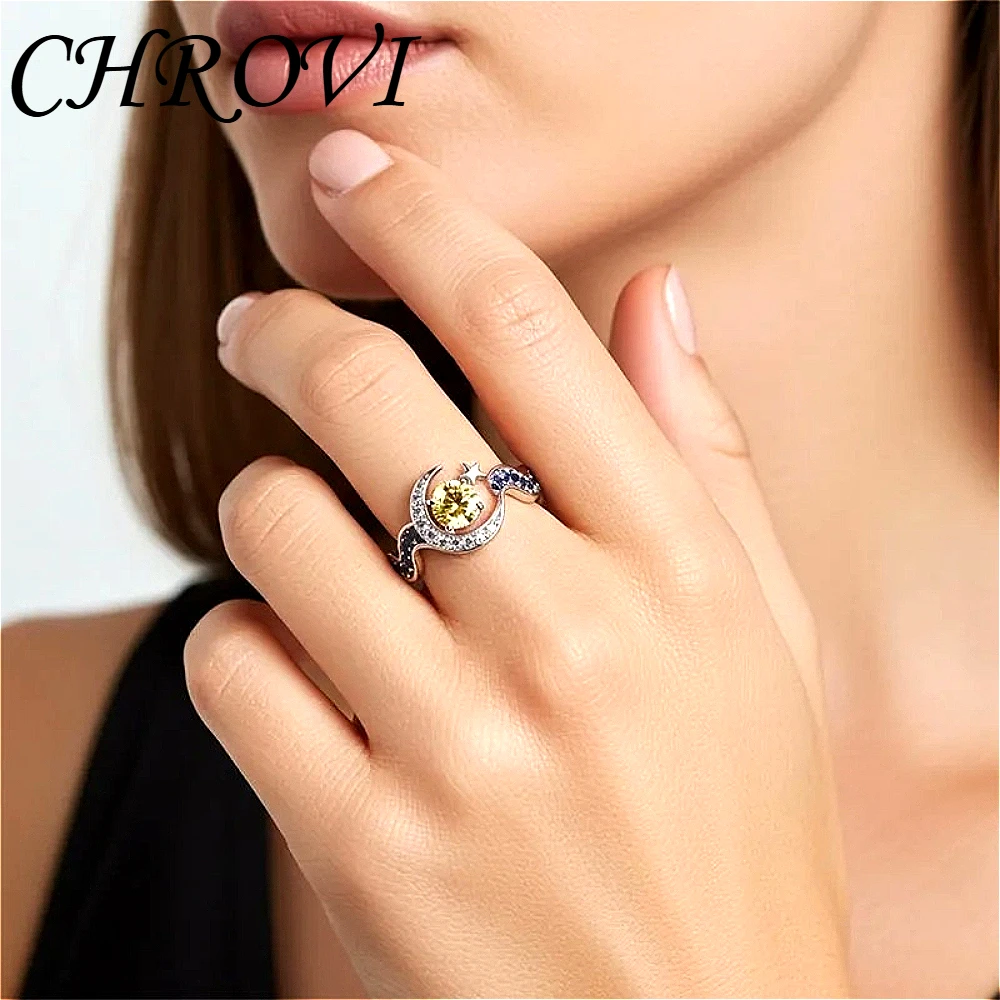 High-Grade 925 Pure Silver Micro-Set Zirconia Star and Moon Ring - Creative Day and Night Engagement Ring for Women