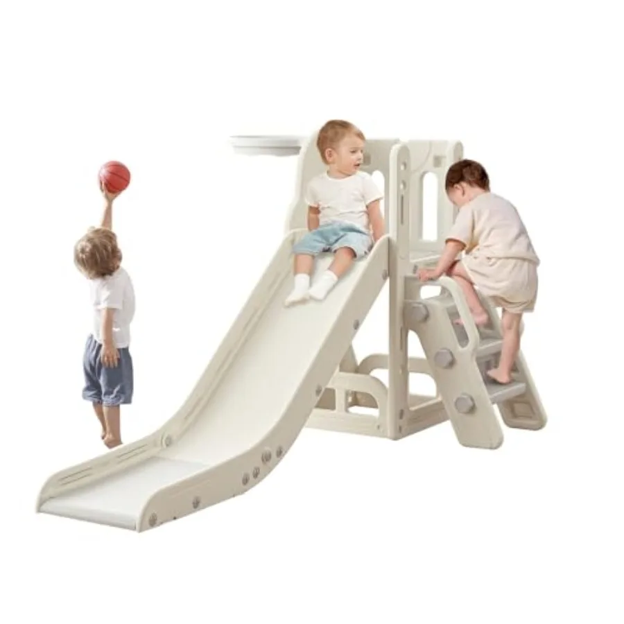 

Toddler Slide for Indoor Outdoor Use, Plastic, Blue, Safe Non-Slip Steps with Storage Space, Basketball Hoop and Telescope, Age