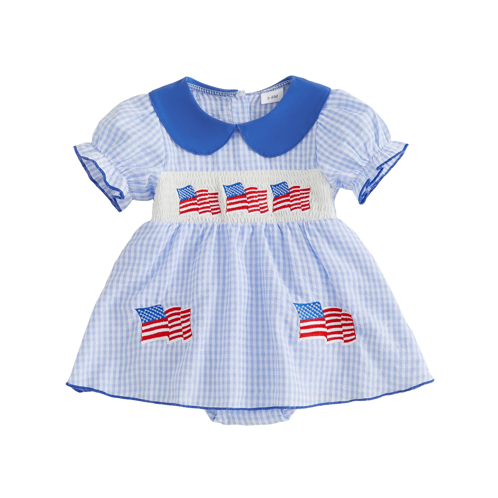 Vestido Romper para Bebé Niña, Día de la Independencia, Verano, Manga Corta Abullonada, Cuello de Muñeca, Bordado de Bandera Americana, Mono a Cuadros