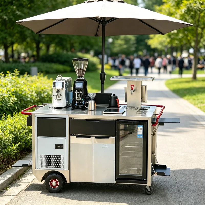 Pop Up Mobile Coffee Trolley Commercial Coffee Serving Cart With Umbrella For Street Coffee Vending Customized