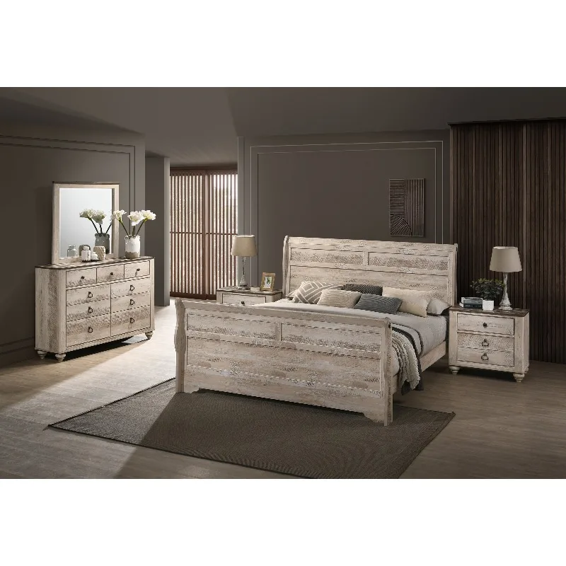 King Size Imerland Contemporary White Wash Finish 5 Pieces Bedroom Set Includes King Sleigh Bed Dresser Mirror & Two Nightstands