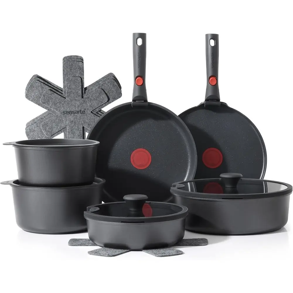 

17 Piece Pots and Pans Set, Nonstick Detachable Handle Cookware Set, Induction Thermo-Signal Cookware Set with Removable Handle,