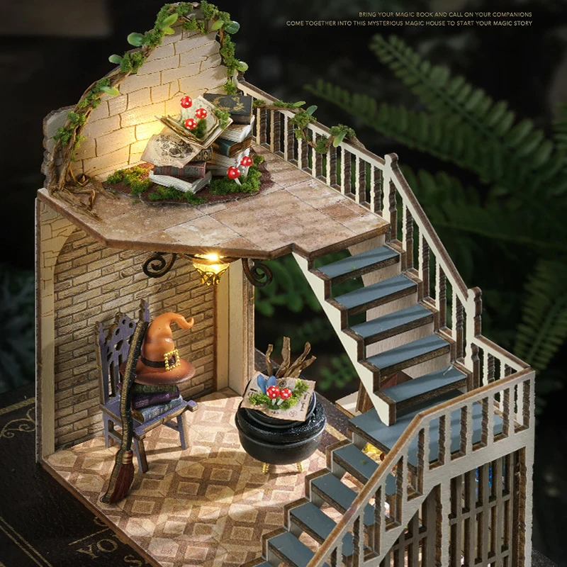 Zuuton DIY Miniature Magic Doll House Kit Wooden Gothic Clock Tower Building Model with LED Light Creative Gift for Home Decor