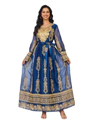 Luxurious Diamonds Women Middle East Robe Muslim Evening Dress Gorgeous Party Chiffon Gold Sequins Embroidery Blue Arabic Dress