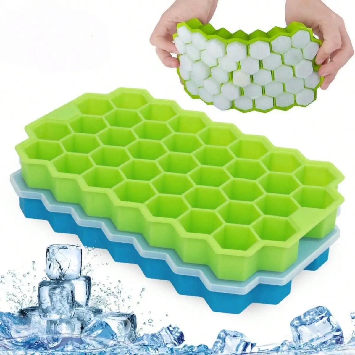 Silicone Honeycomb Ice Tray With Cover Creative Stackable 37-Cell Ice Box Easy To Demould Ice Tray Ice Cube Mold
