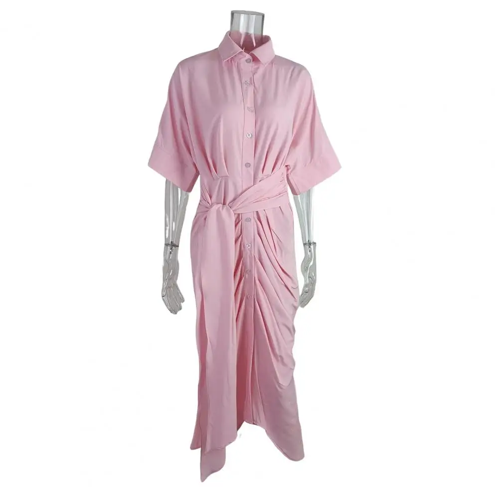 Robe plissée à lacets avec col rabattu pour femme, robe chemise à revers, garde-robe d'été