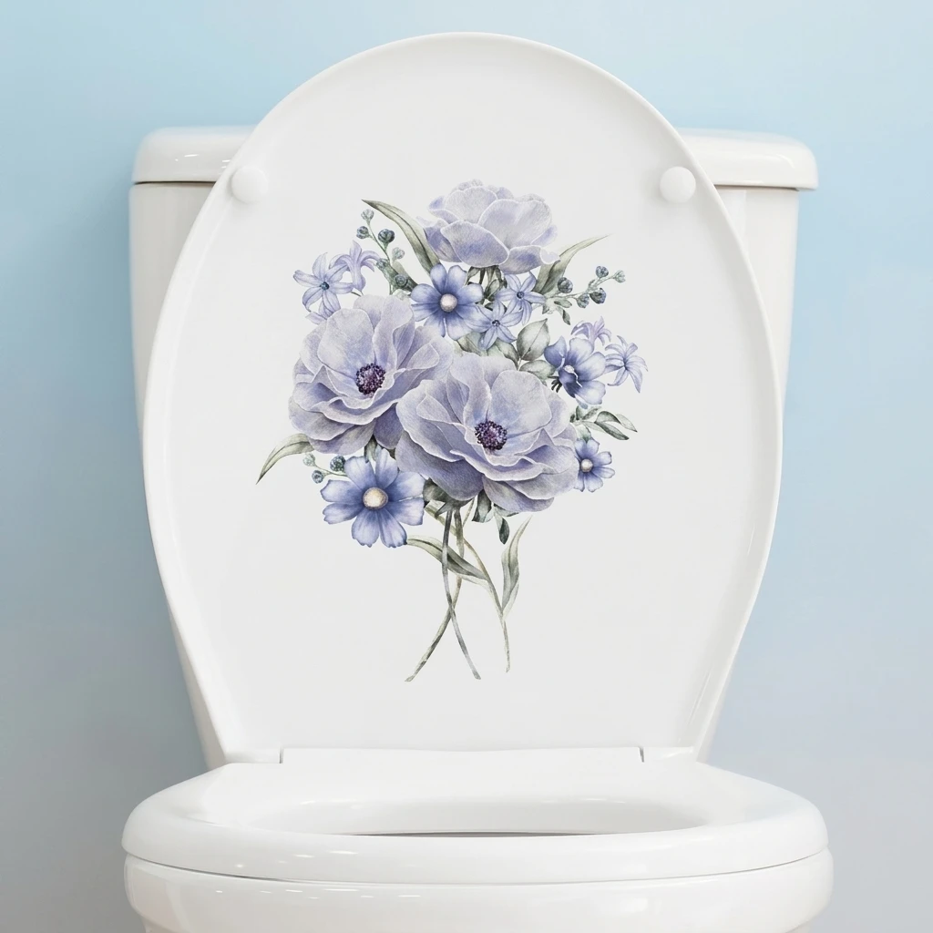 Waterproof Toilet Sticker Floral Purple PVC Decal for Bathroom Washroom Wall Tank Removable Home Decor Durable Accessories