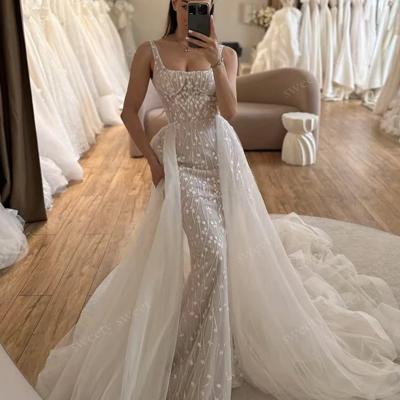 Abito da sposa con strascico staccabile in organza con ricamo abito da ballo a sirena senza maniche colletto quadrato personalizzato sposa Vestido De Novi