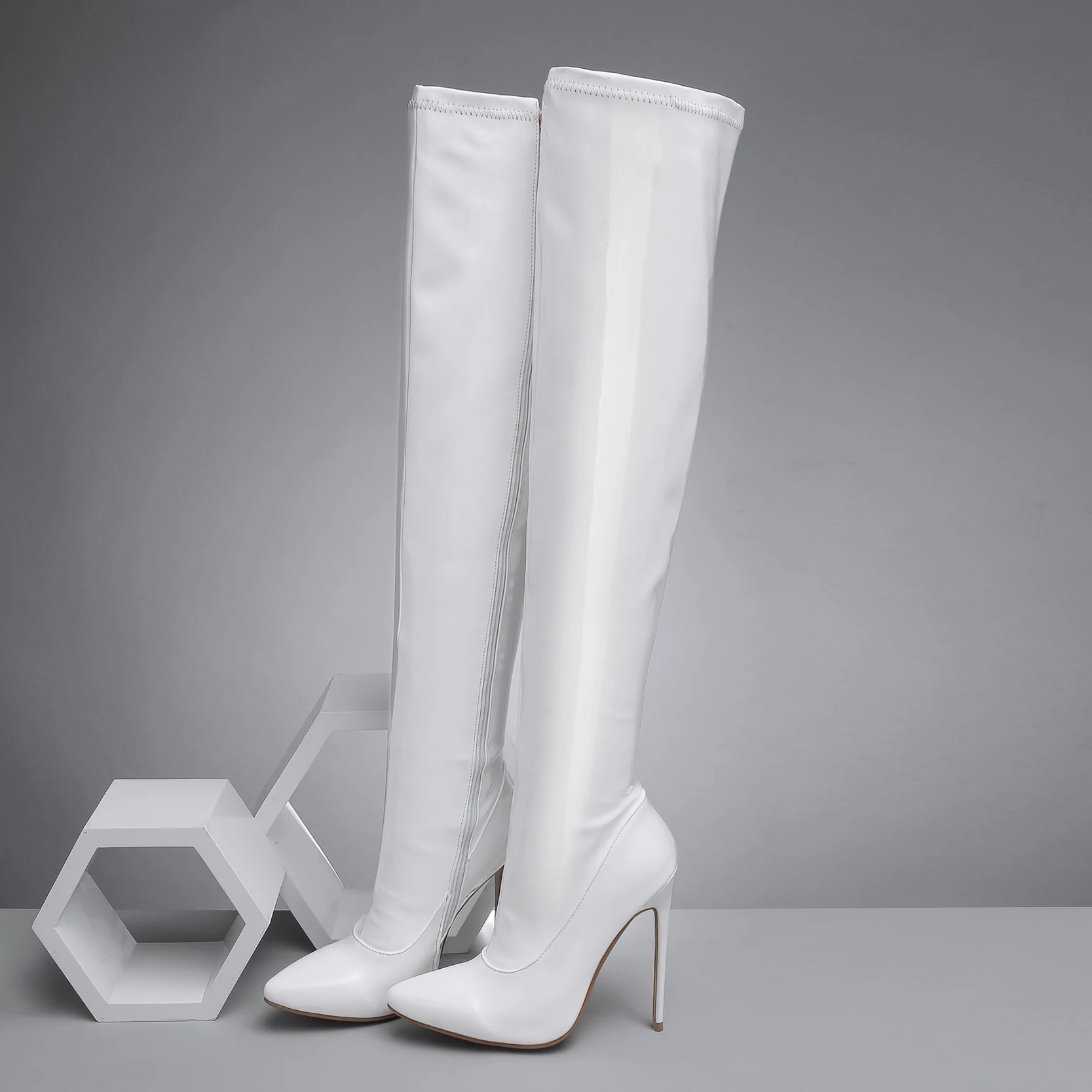 Plus Size Patent Leather Long Tube Super High Heel Over Knee Boots Pointed Thin Heel with Red PU Comfortable Warm Women's Shoes