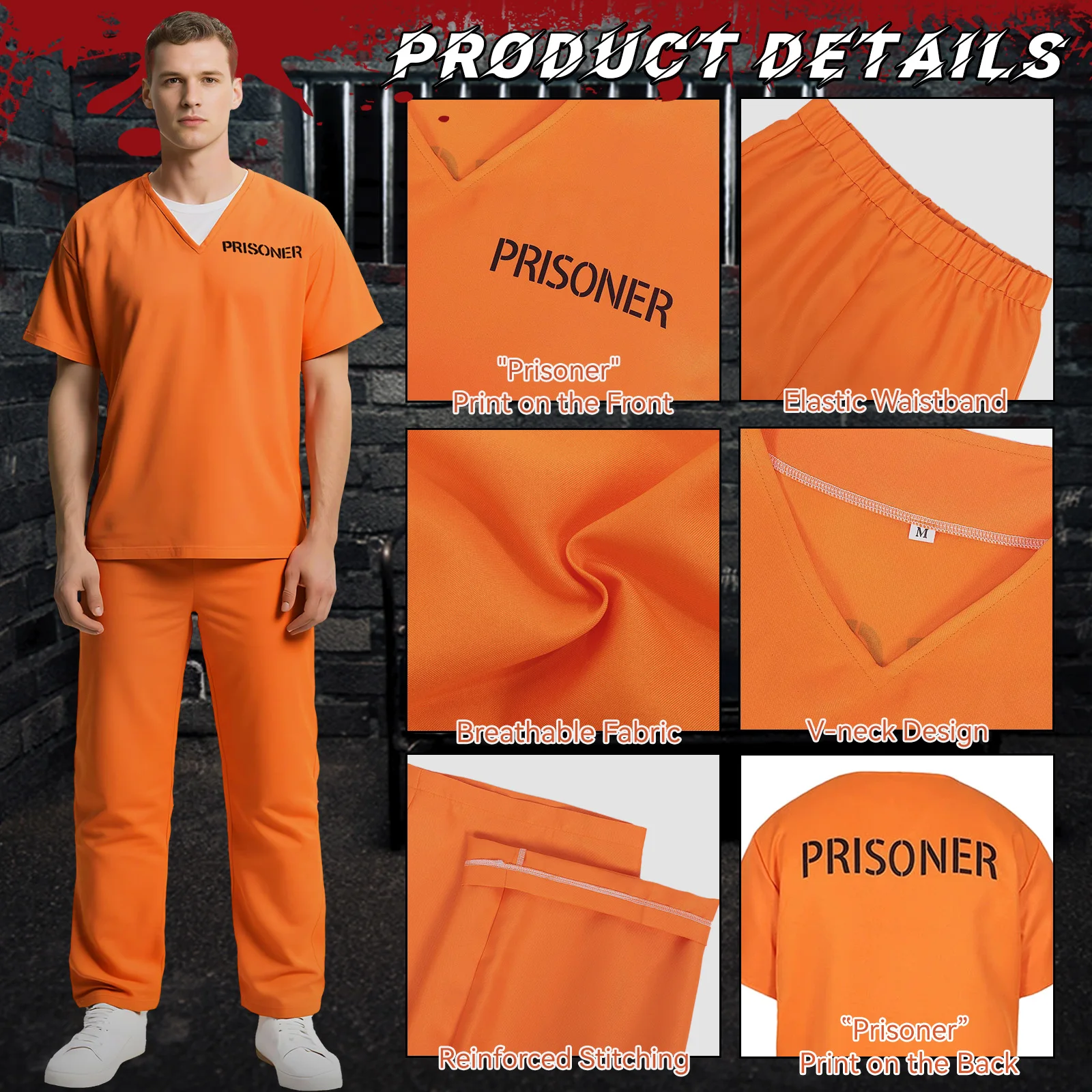 زي سجين بدلة سجن للبالغين زي برتقالي سروال سجن ملابس قناء مجموعة إجرامية للأطفال دعائم تنكرية للهالوين