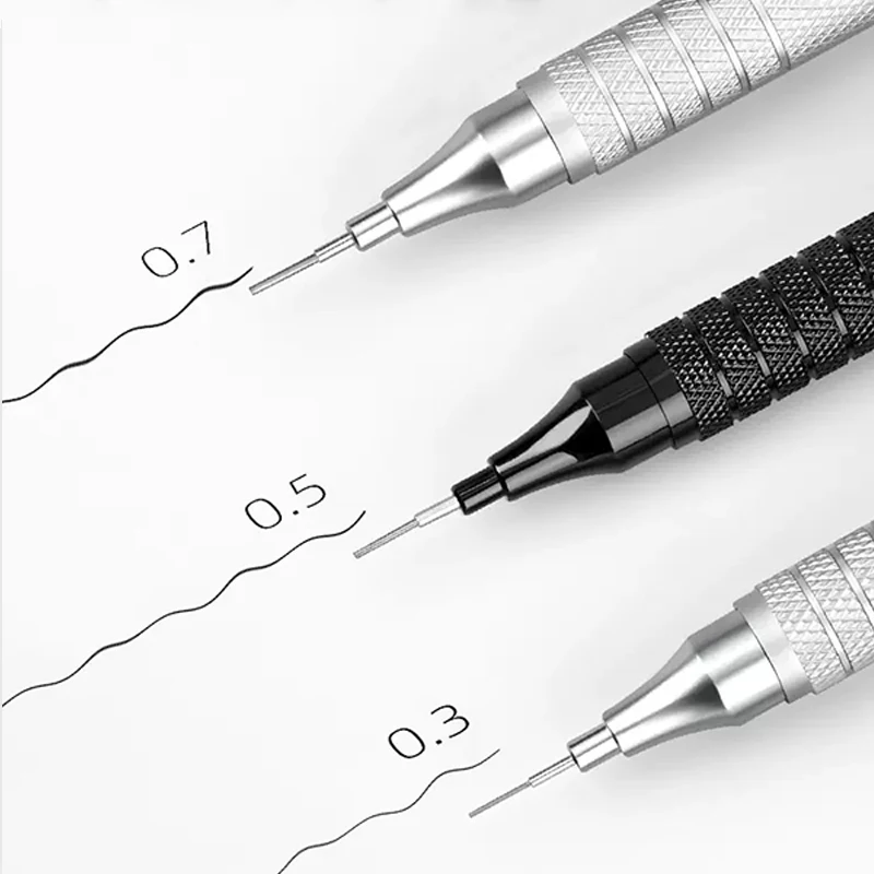 0,3 0,5 0,7 0,9 2,0 mm Zeichnung Automatische Bleistifte Niedriger Schwerpunkt Einziehbare Spitze Metall Druckbleistift mit Radiergummi – Detail 5