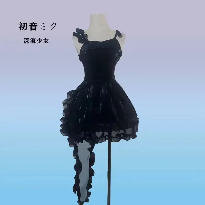 Miku Fashion Gonna con cinturino in raso nero Anime Vocaloid Deep Sea Girl Costume cosplay Abiti di carnevale di Halloween per Lady Girl