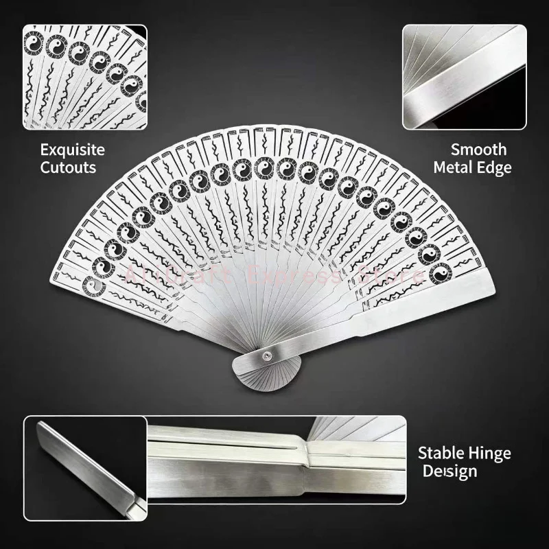 9 Inch Silver Hollow-Cut Metal Folding Hand Fan Fine Steel Retro Collectible Art Craft Ornament for Home Display And Gift