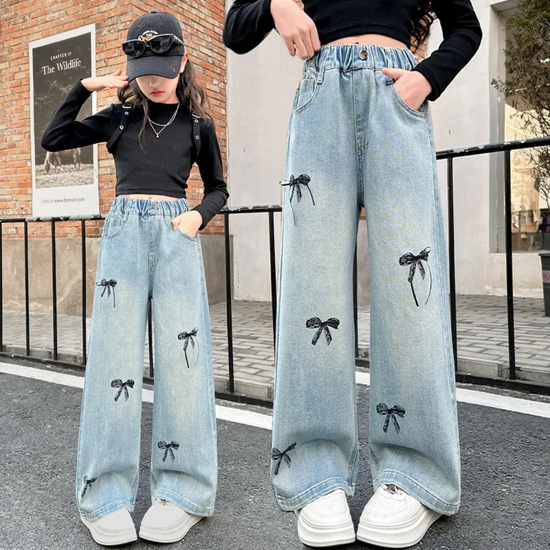 

New Spring Autumn Kids Jeans with Bows For Girls High Street Straight Cut Denim Pants For Teens Child Casual Jeans Trousers 5-14