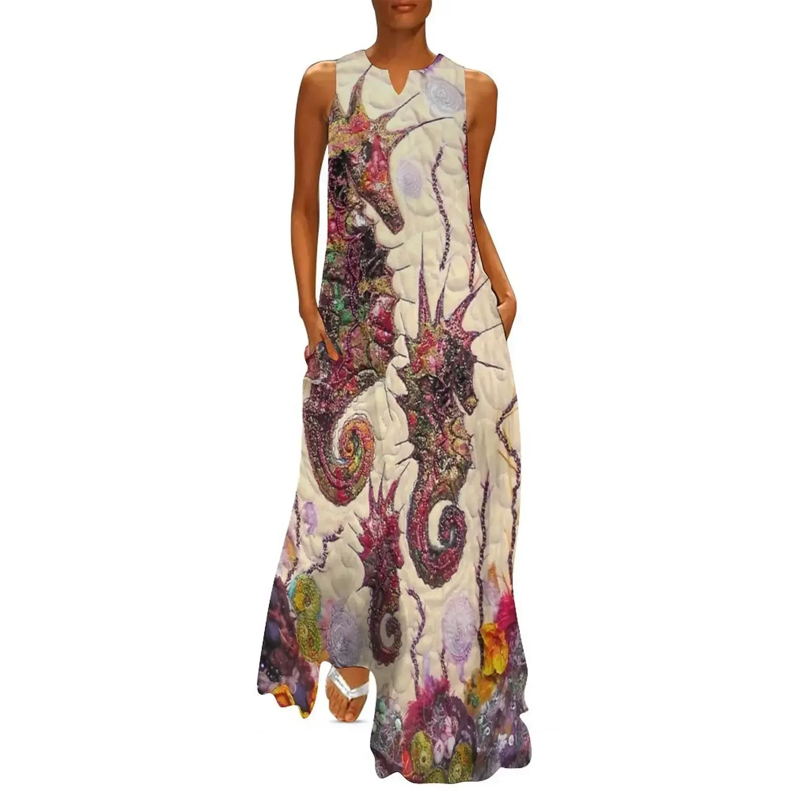 

Sea Horses from an original textile embroidered wall hanging Long Dress clothing women summer 2025 Dress