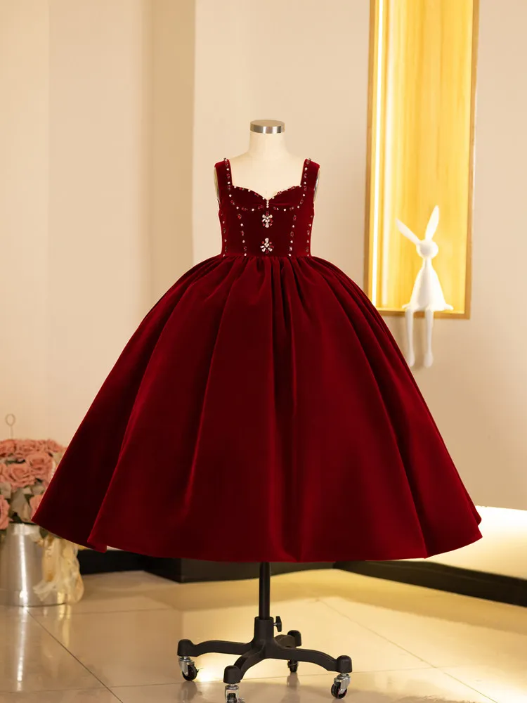 

Children Burgundy Velvet Gown Autumn Winter Princess Dress Formal Evening Party Celebration Dress Kids Piano Host Performance