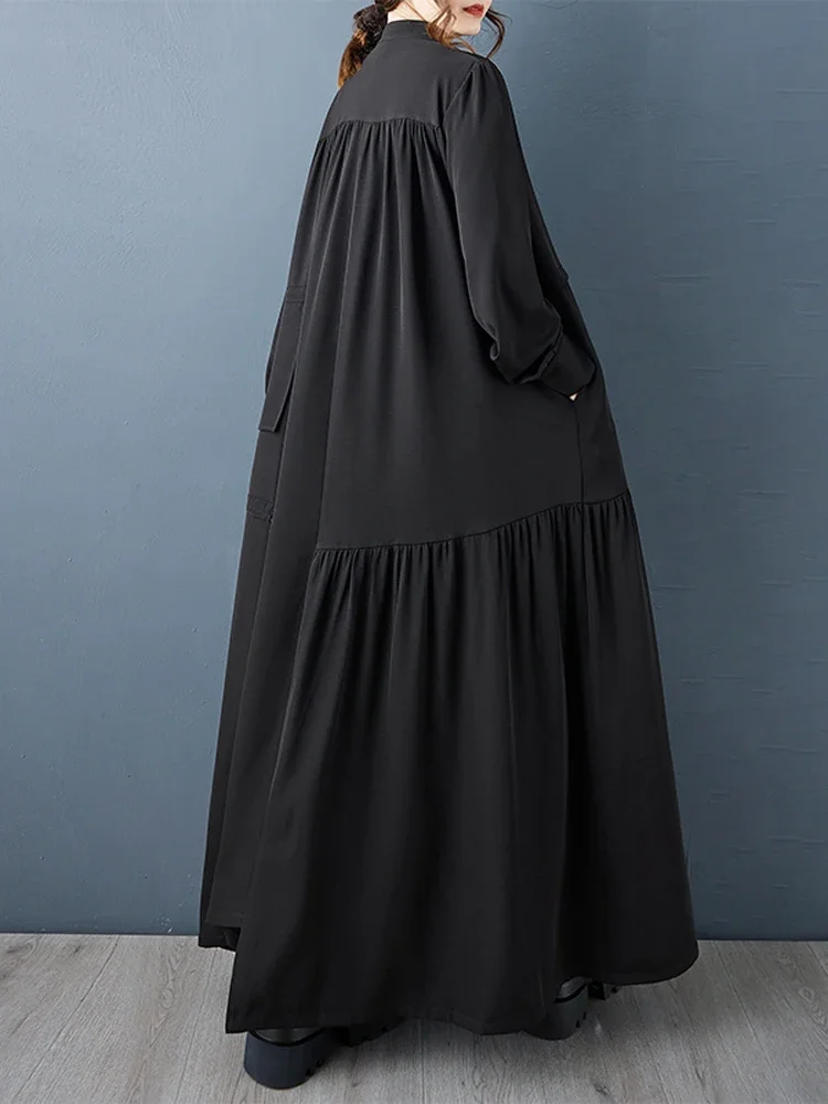 فستان قميص أسود عتيق فضفاض لخريف 2025 فستان نسائي غير منتظم بأكمام طويلة