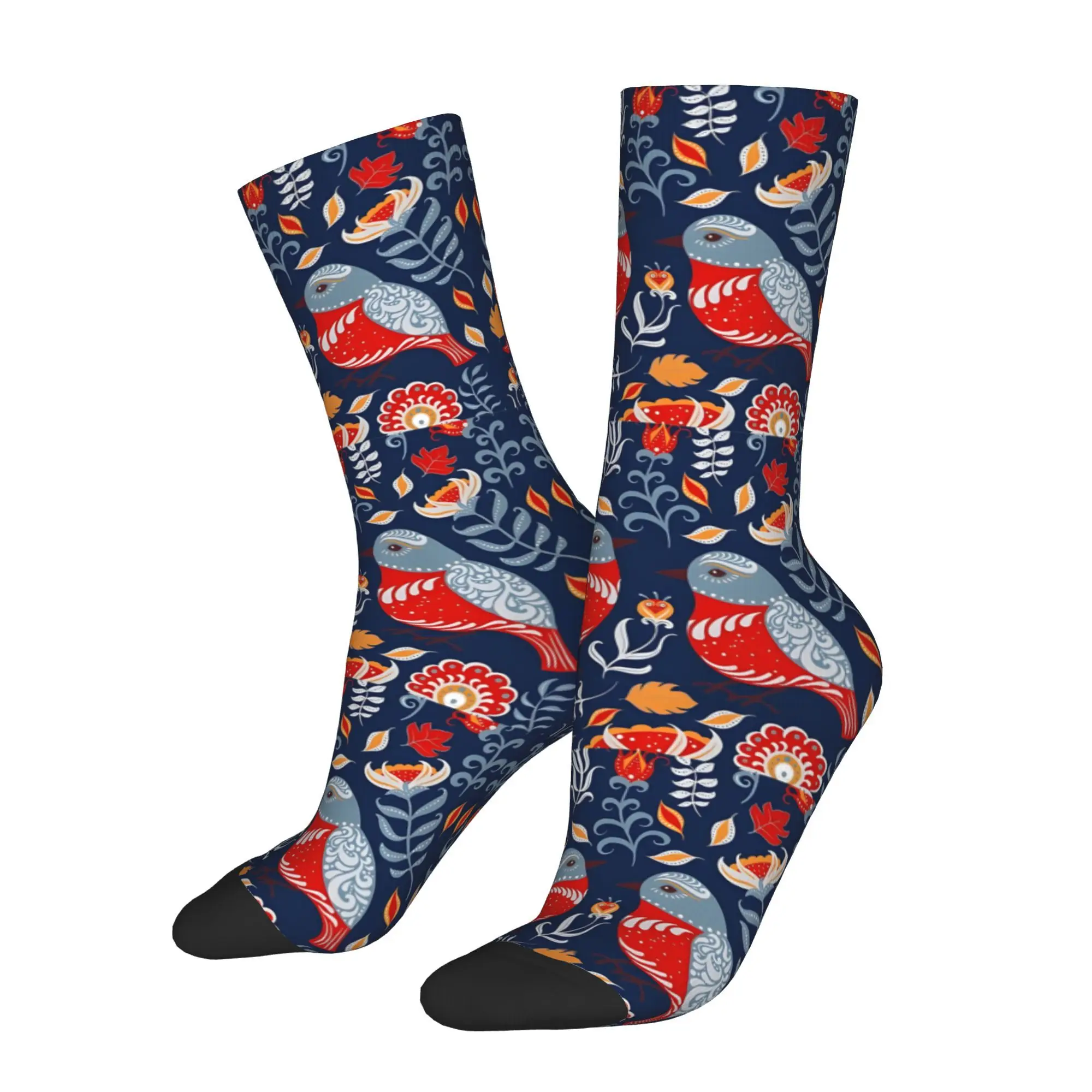 1pc Folk Birds And Flowers Printed Men's Socks  Novelty Hip Hop Harajuku Pattern Crew Sock Casual Gift