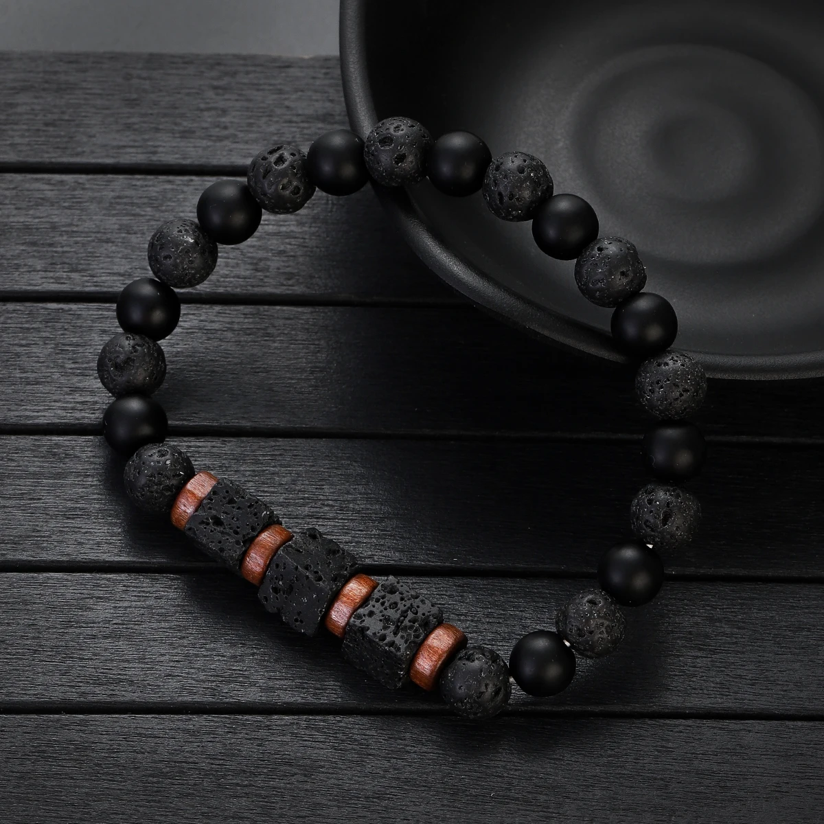 Square&Round Volcanic Stone Bracelet for Men Lava Black Onyx 8mm Beads Bracelets Men\'s Fashion New Jewelry