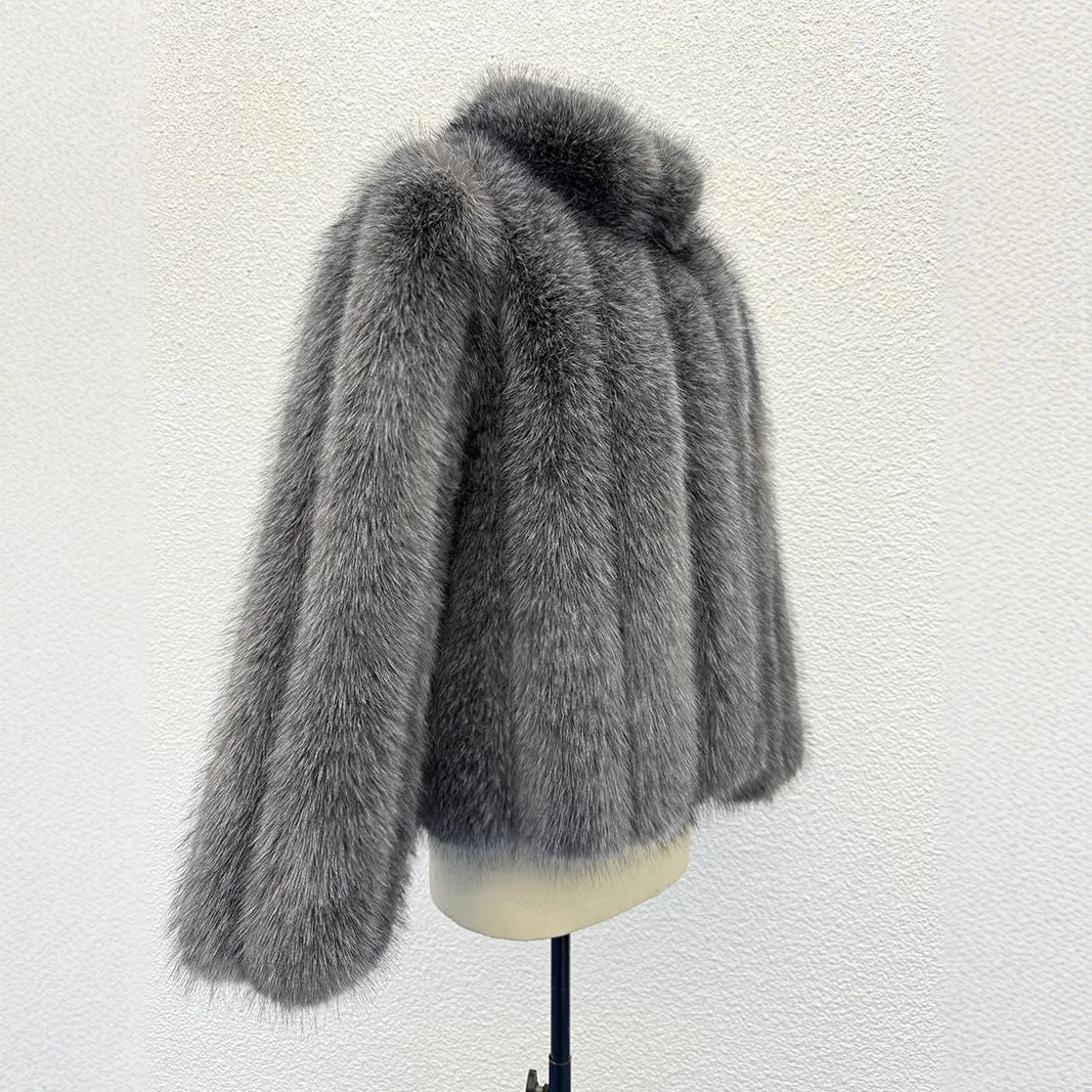 KIDCRKJ, abrigo de piel Artificial de invierno para mujer, chaqueta de piel sintética gris con cuello esponjoso para mujer, prendas de vestir cortas de piel ecológica de estilo holgado para mujer