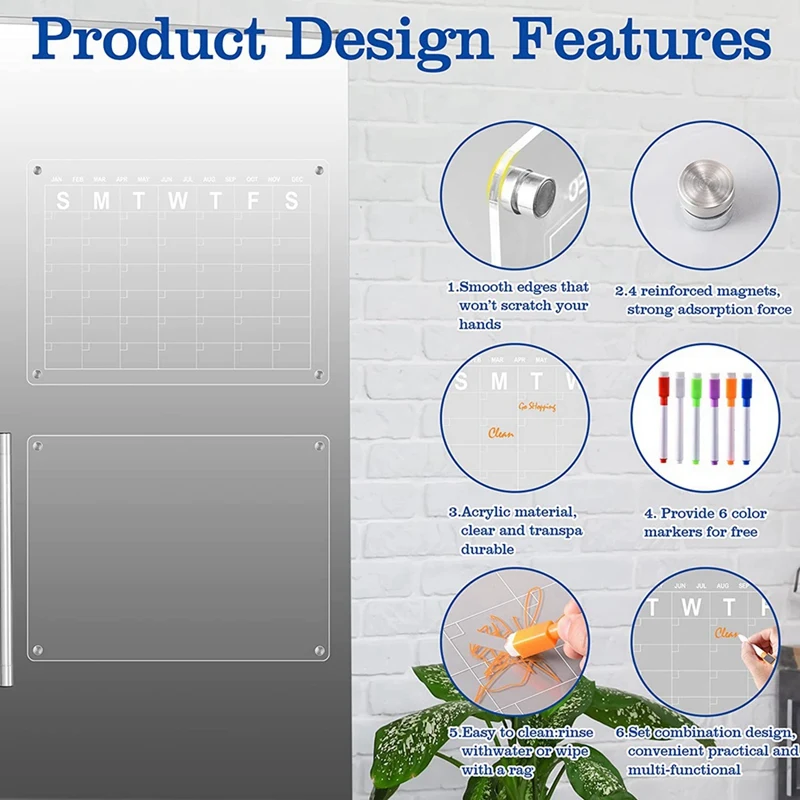 Calendario magnetico acrilico 2 pezzi per frigorifero, calendario lavagna cancellabile a secco, con 8 pennarelli cancellabili a secco