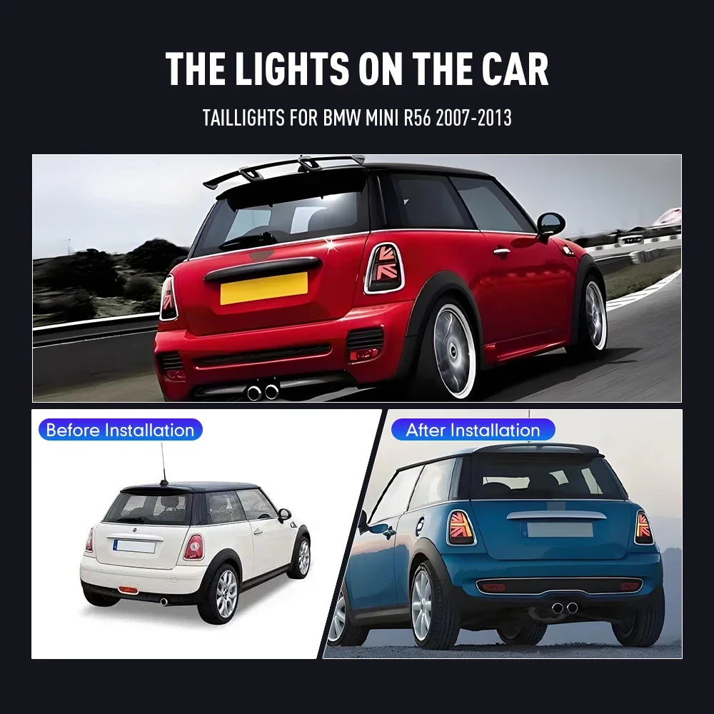 BMW MINI R56 2007-2013用LEDテールライトペア、DRL、リバース、ブレーキ、ターンシグナル、プラグアンドプレイ、車リアテールライトアセンブリ