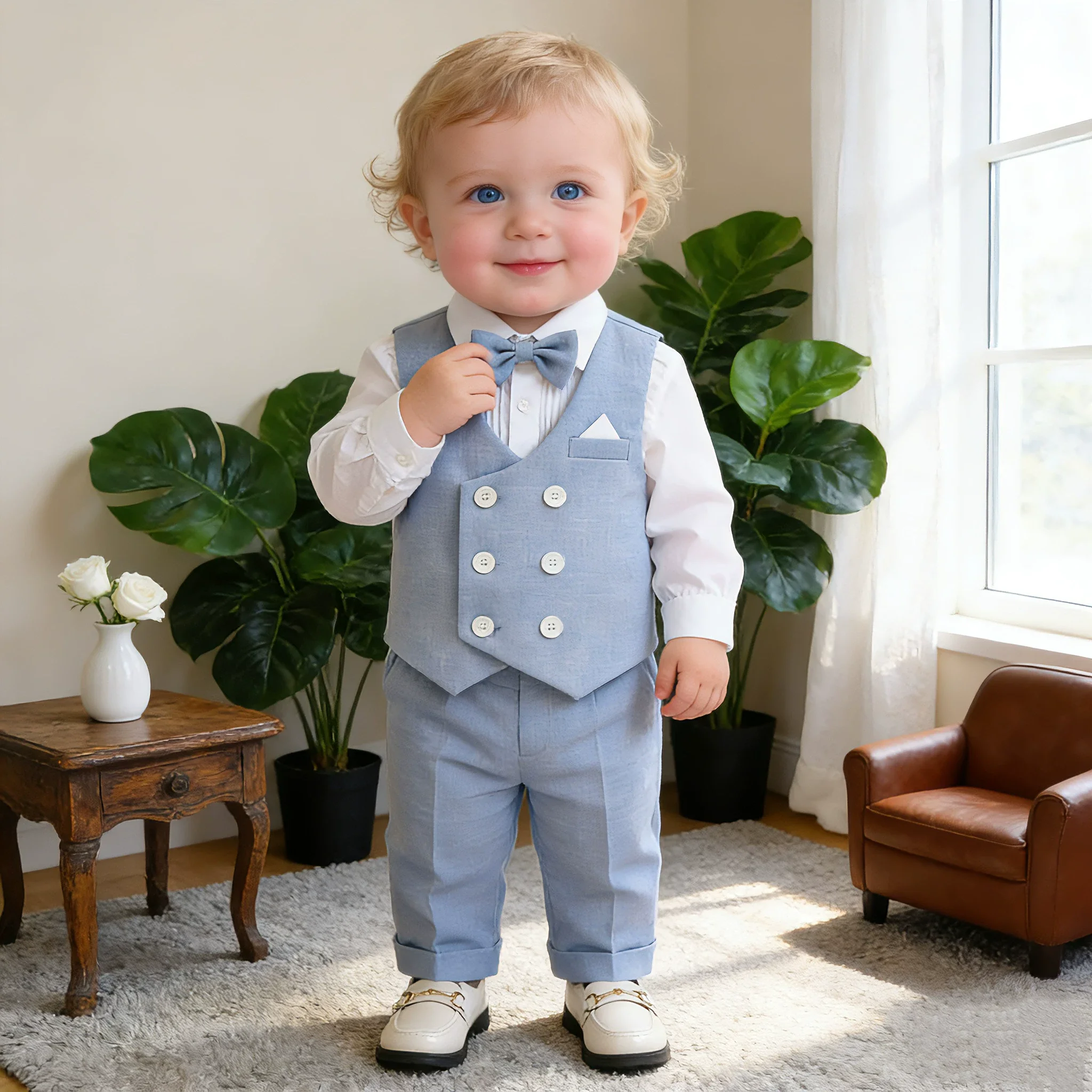 

Little Boys Summer Vest Shirt Pants Bowtie Wedding Dress Baby Kids First Birthday Suit Children Piano Performance Evening Dress