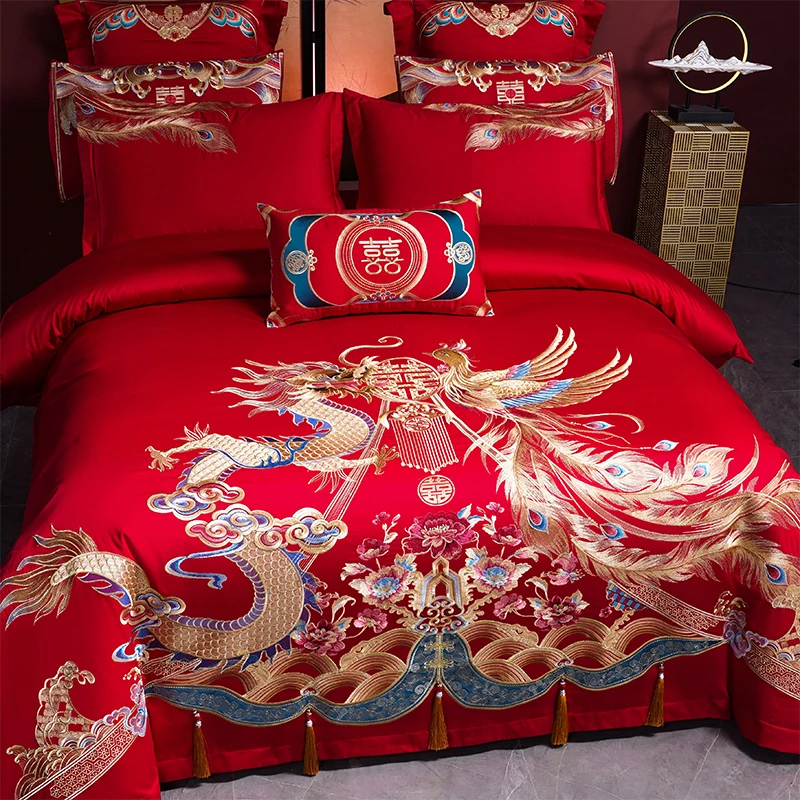 4/6/9Pcs Luxury Chinese Dragon Phoenix Embroidery With Tassel Wedding Bedding Set 100% Cotton Duvet Cover Bed Sheet Pillowcases