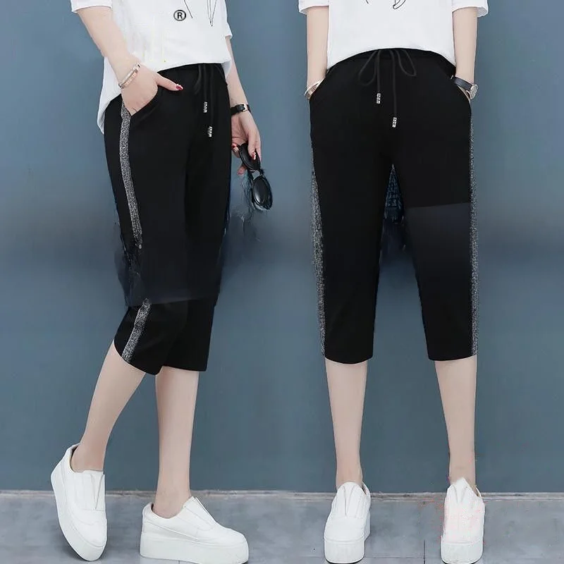 

Летние женские спортивные брюки с высокой талией, тонкие, укороченные (7/8), свободные, повседневные, черные, модные, прямые, укороченные (8/10)